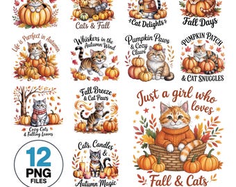 Fall Cats Watercolor Clipart Bundle: Pumpkin & Cozy Autumn Designs (Digital Download)