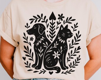 Dog and Cat Folk Art SVG: Scandinavian Pet Silhouette PNG (Digital Download