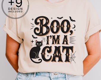 Vintage Halloween Cat PNG: Retro Typography Clipart (Digital Download)
