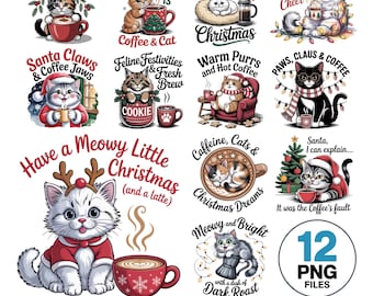 Funny Cat Christmas Coffee PNG Bundle: Watercolor Clipart (Digital Download)