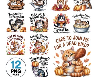 Funny Watercolor Cat Thanksgiving PNG Bundle | Fall Shirt Designs (Digital Download)
