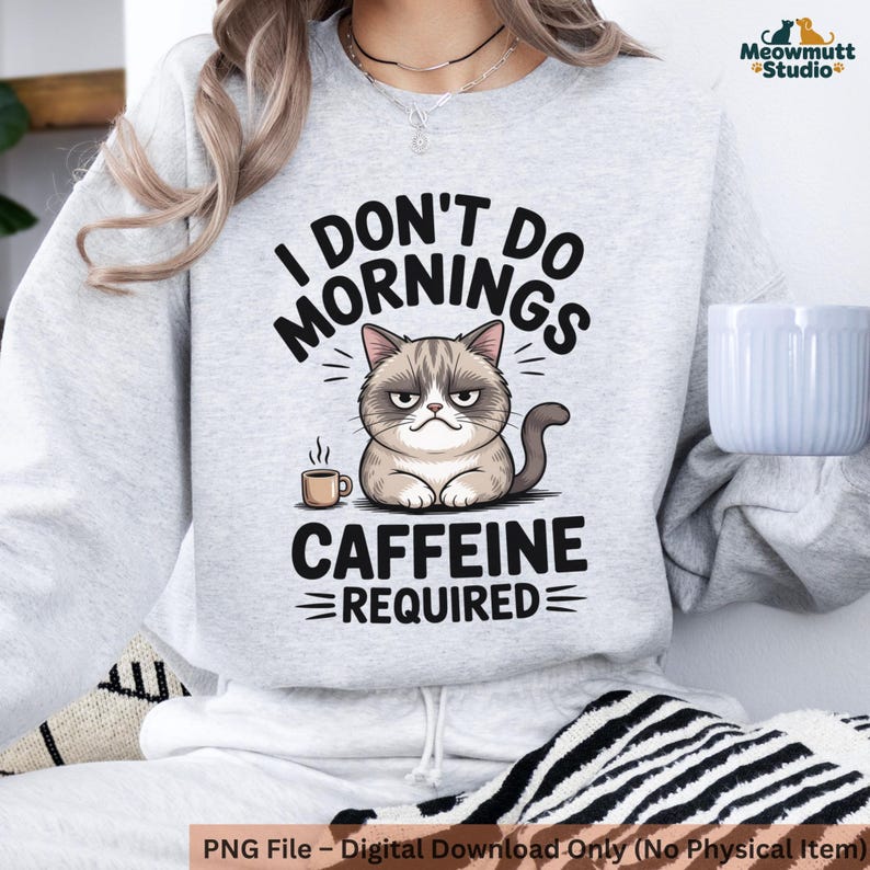 May include: A light gray sweatshirt with the text "I DON'T DO MORNINGS CAFFEINE REQUIRED" and a cartoon image of a grumpy cat with a coffee cup. The sweatshirt is a digital download.