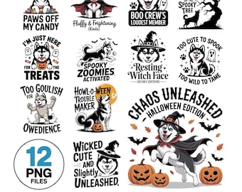 Può includere: Un pacchetto di design digitale con 12 file PNG, con grafica di cani husky a tema Halloween. I design includono frasi come "Paws Off My Candy", "Spooky Zoomies Activated" e "Chaos Unleashed", con zucche e pipistrelli.
