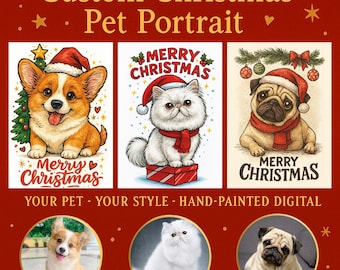 Custom Pet Christmas Caricature: Hand-Drawn Dog & Cat Portrait (PNG Digital Download)