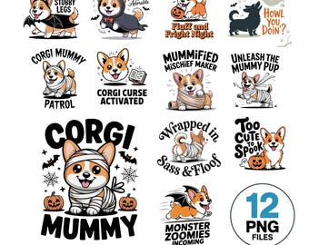 Grappige Corgi Halloween PNG-bundel: mummiehond clipart (digitale download