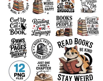 Bookish Cat PNG Bundle: Vintage Reading Cat Clipart (Digital Download)