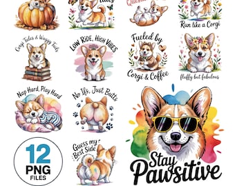 Funny Corgi Watercolor Shirt Designs: Dog Lover PNG Bundle (Digital Download)