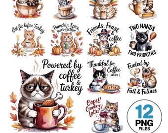 Funny Thanksgiving Cat Clipart Bundle: Watercolor Coffee Lover PNG (Digital Download