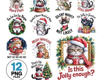 Grumpy Cat Christmas Watercolor Clipart Bundle: Funny Xmas PNG (Digital Download)