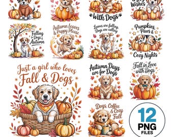 Watercolor Fall Dogs PNG Bundle: Autumn Puppy Clipart (Digital Download