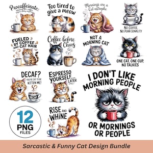 Peut inclure: Un ensemble de 12 fichiers PNG avec des motifs de chats humoristiques. Chaque motif présente une illustration de chat avec des tasses à café et des phrases amusantes comme "Procaffeinate" et "Je n'aime pas les lève-tôt".