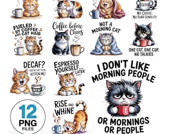 Watercolor Cat Coffee PNG Bundle | Funny Sarcastic Clipart (Digital Download)