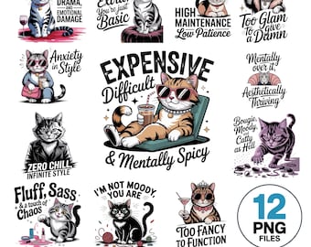 Sarcastic Cat PNG Bundle: Funny Vintage Quotes, Sublimation Designs (Digital Download)
