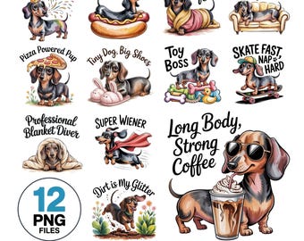 Funny Dachshund PNG Bundle: Watercolor Wiener Dog Clipart (Digital Download)
