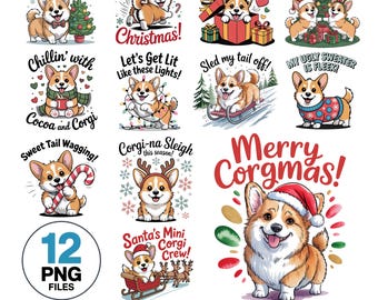 Zabawny pakiet świątecznych obrazów Corgi w formacie PNG: akwarelowy pies w formie clipartu (pobieranie cyfrowe)