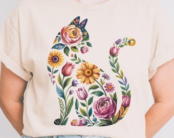 Floral Cat PNG: Wildflower Silhouette Clipart (Digital Download)