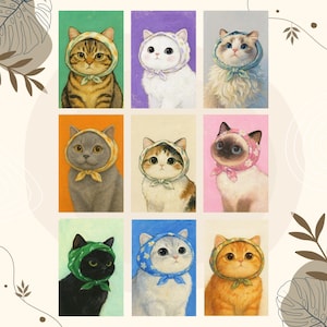 Ölgemälde Katzenportrait-Kunst, niedliche Katzenillustration, klassisches Vintage-Katzen-Wand-Kunst-Set, Katzenliebhaber-Geschenk, Wohnkultur- und Galeriewand