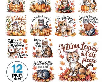 Watercolor Autumn Cat PNG: Pumpkin Spice Coffee Clipart (Digital Download)