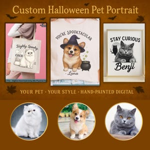Puede incluir: Esta imagen presenta retratos de mascotas personalizados de Halloween. Una bolsa de mano, una camiseta y una impresión enmarcada muestran ilustraciones de mascotas. La camiseta tiene un corgi con un sombrero de bruja con el texto "You're Spooktacular".