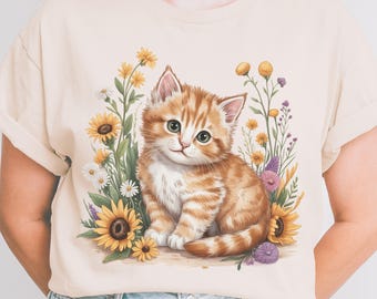 Watercolor Orange Kitten PNG: Wildflower Cat Art (Digital Download)