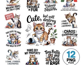 Funny Cat Quotes PNG Bundle: Watercolor Clipart Designs (Digital Download)