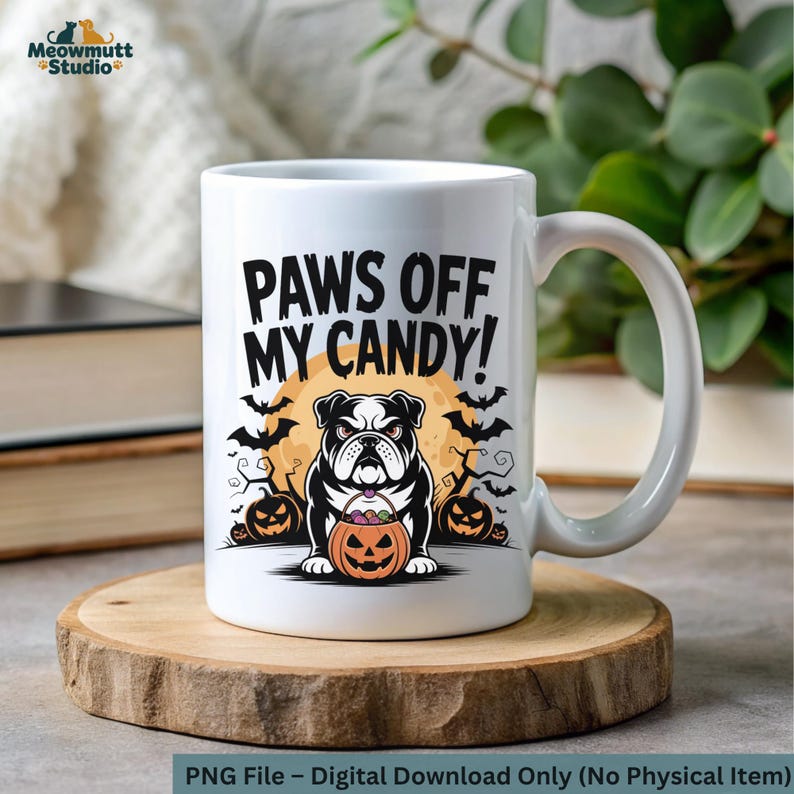 May include: White ceramic mug with a Halloween-themed design. The mug features the text "PAWS OFF MY CANDY!" above a black and white bulldog holding a jack-o'-lantern. Bats and pumpkins complete the design. The mug is on a wooden coaster.