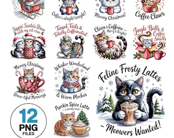 Funny Cat Christmas Watercolor Clipart Bundle: Coffee Lover PNG Designs (Digital Download)