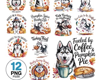 Funny Husky Thanksgiving Clipart Bundle: Watercolor Dog PNG (Digital Download)