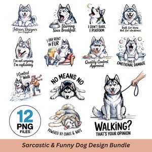 Funny Husky PNG Bundle, Watercolor Line Art Dog Clipart (Digital Download) image 1