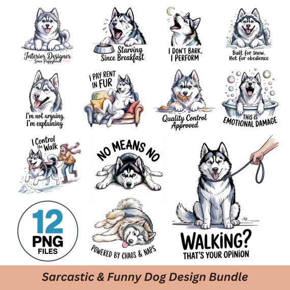 Funny Husky PNG Bundle, Watercolor Line Art Dog Clipart (Digital Download)