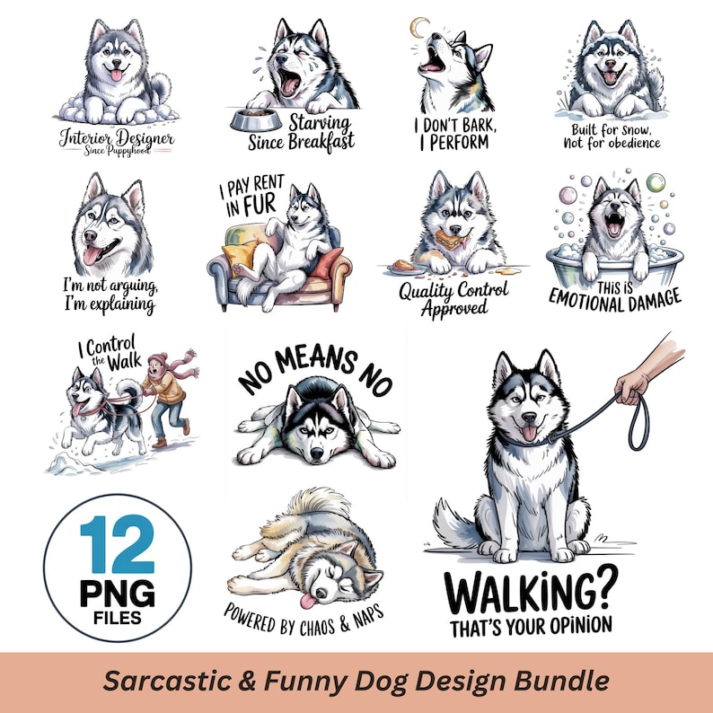 Funny Husky PNG Bundle, Watercolor Line Art Dog Clipart (Digital Download) image 1