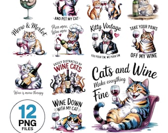 Funny Cat Wine Watercolor Clipart Bundle: Cat Lover PNG Designs (Digital Download)