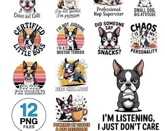 Funny Boston Terrier PNG Bundle, Watercolor Dog Shirt Design (Digital Download