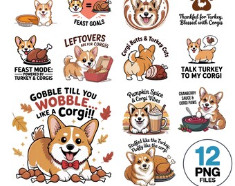 Funny Corgi Thanksgiving PNG Bundle | Dog Turkey Clipart (Digital Download)