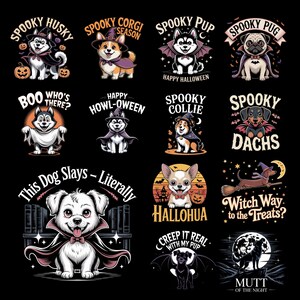 May include: A collection of Halloween-themed dog illustrations on a black background. Each design features a different breed dressed in spooky costumes, with phrases like "Spooky Husky," "Spooky Pup," and "Happy Howl-oween." The designs include pumpkins, bats, and witch hats.