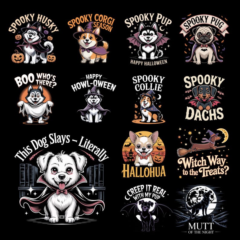 May include: A collection of Halloween-themed dog illustrations on a black background. Each design features a different breed dressed in spooky costumes, with phrases like "Spooky Husky," "Spooky Pup," and "Happy Howl-oween." The designs include pumpkins, bats, and witch hats.