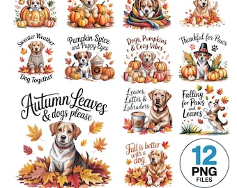 Watercolor Autumn Dog PNG Clipart Bundle: Fall Quotes (Digital Download, 12 PNGs)