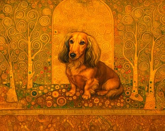 Puede incluir: Ilustración artística de un perro salchicha de pelo largo sentado frente a un arco dorado. El fondo presenta árboles estilizados y patrones florales en tonos dorados, marrones y verdes, creando una escena decorativa y caprichosa.