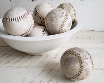 Six Vintage Softballs , Distressed Leather Softballs , Mancave Sports Decor