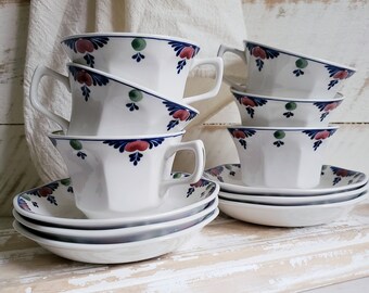 Adams Veruschka Teacups , Set of Six Hand Decorated Ironstone Cups and Saucer, Vintage