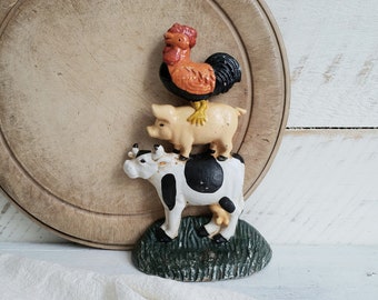 Cast Iron Farm Animal Door Stop , Stacked Animal Bookend , Cow, Pig, Rooster Doorstopper , Vintage Farmhouse Decor