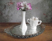 Glass Vanity Tray with Mirror , Oval Mirrored Tray , Vintage Pressed Glass Dresser Tray , Farmhouse Cottage Chic Decor