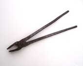 Antique Blacksmith Tongs , Primitive Hand Forged Iron Duck Bill Tongs , Blacksmithing Tool , Industrial Decor