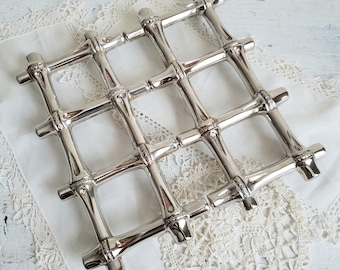 Expandable Faux Bamboo Trivet , Vintage Silver Plated Hot Plate ,  Chinoiserie Style Plant Riser