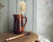 Antique Brown Pottery Pitcher , 20 oz Farmhouse Pitcher , Country Kitchen Utensil Container , Ceramic Vase , Farmhouse Kitchen Decor