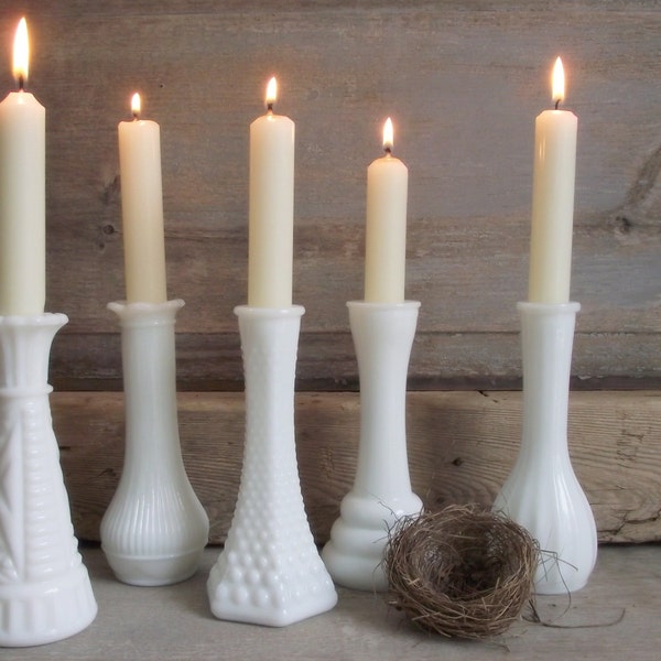 Milk Glass Vases Collection | Set of 5 Vintage Vases or Candle Holders | Instant Collection | White Vintage Wedding Decor Cottage Chic