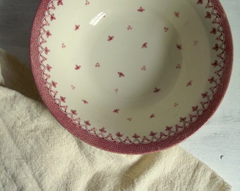 English Ironstone Pottery 8 Inch Round Vegetable Bowl , Red Transferware Bowl with Red Border Flowers & Leaves