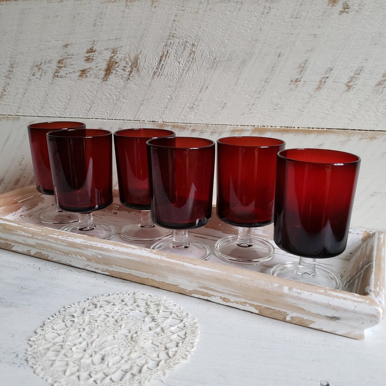 Red Luminarc Aperitif Glasses , Set of 6 Vintage Ruby Glasses by Verrerie D'Arques France , Red French Stemware Holiday Table Decor image 1