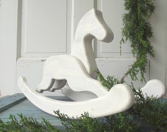 Vintage Rocking Horse , Painted White Wood Doll Size Rocking Horse , Farmhouse Christmas Decor