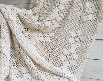 Crochet Ecru Cotton Throw Blanket , Vintage Off White Crocheted Cotton Twin Bed Throw